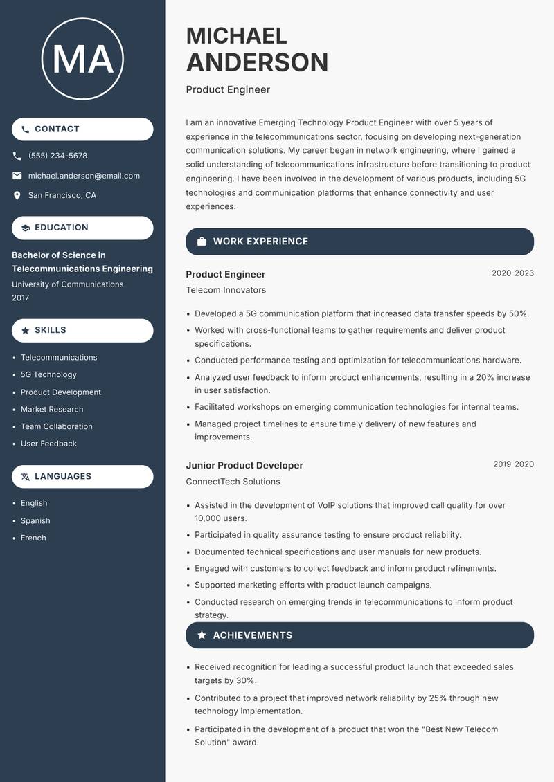 Emerging Technology Product Engineer Resume Preview Example