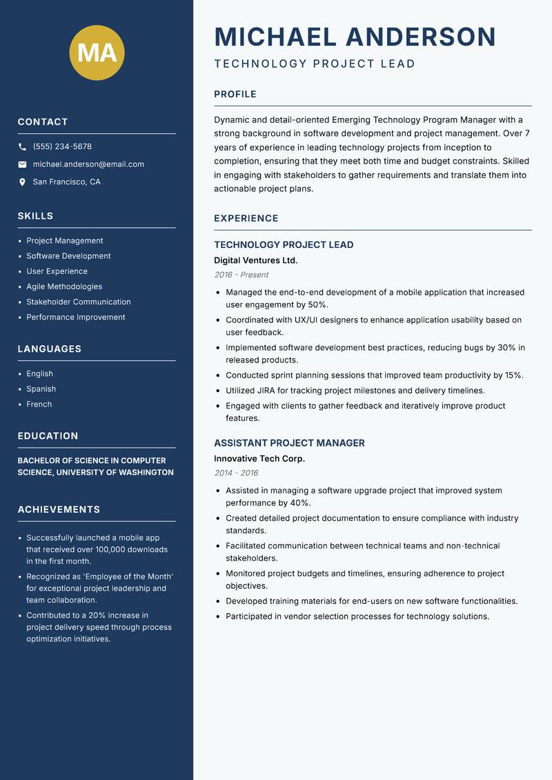 Emerging Technology Program Manager Resume Preview Example