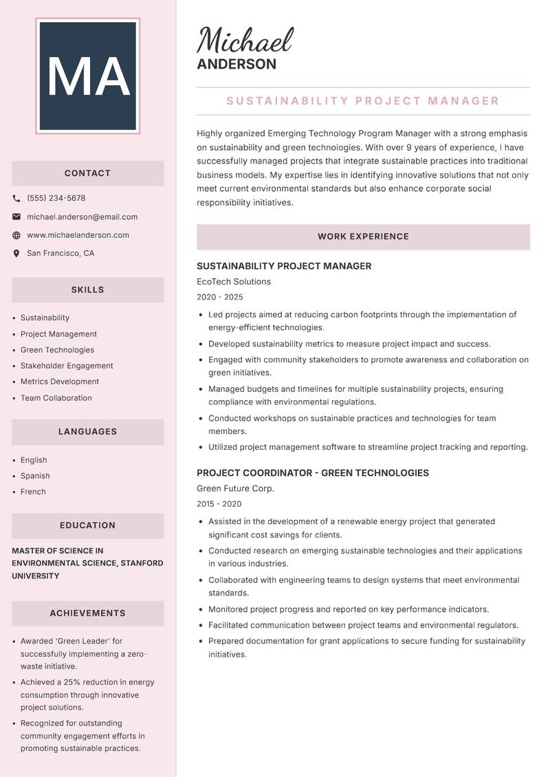 Emerging Technology Program Manager Resume Preview Example