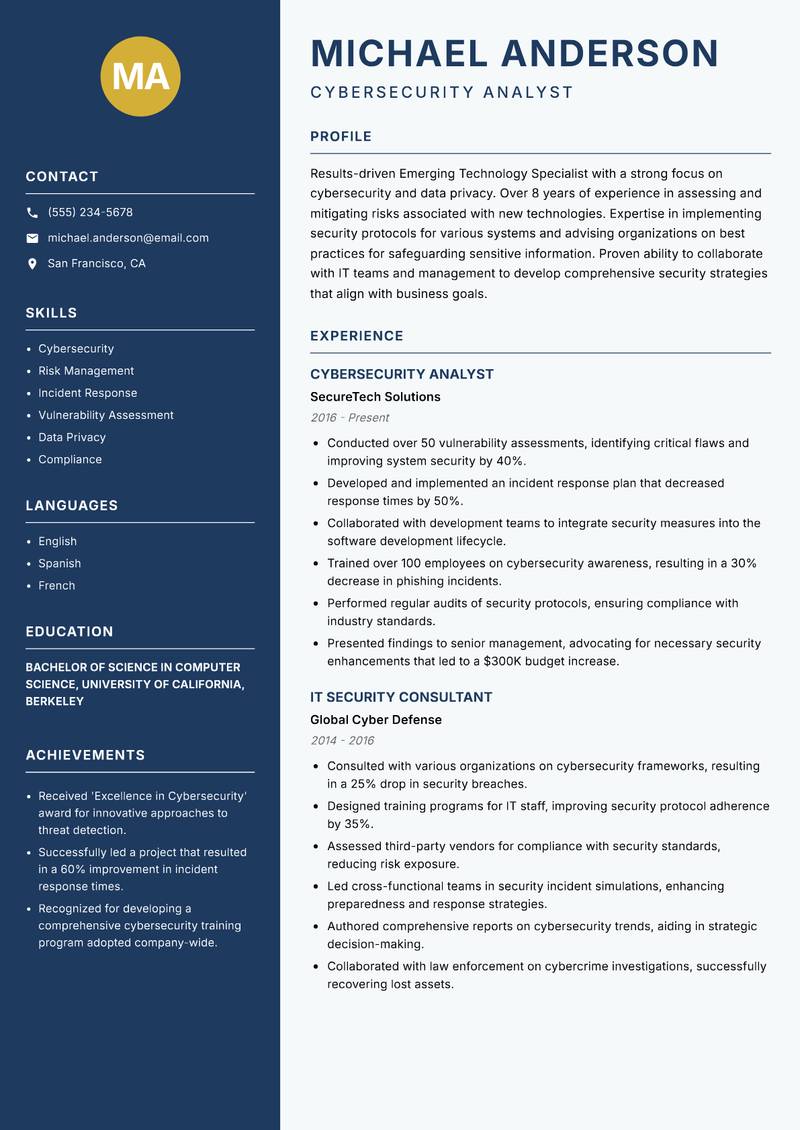 Emerging Technology Specialist Resume Preview Example