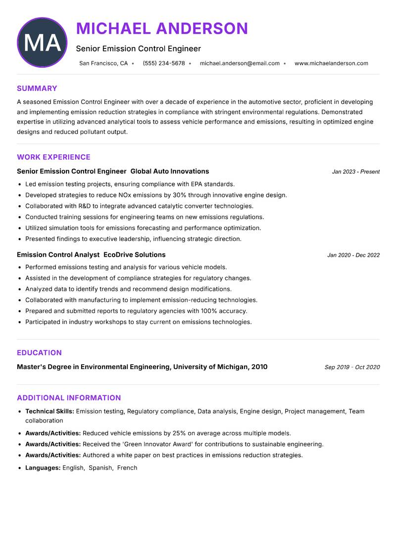 Emission Control Engineer Resume Preview Example