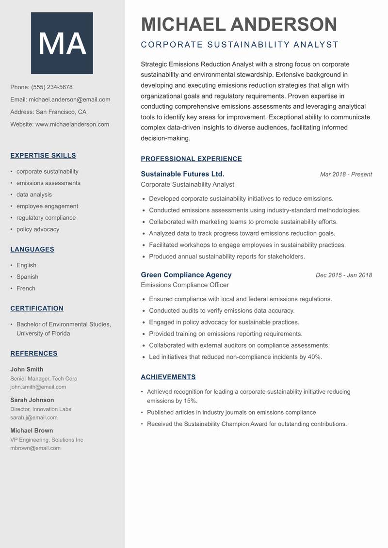 Emissions Reduction Analyst Resume Preview Example
