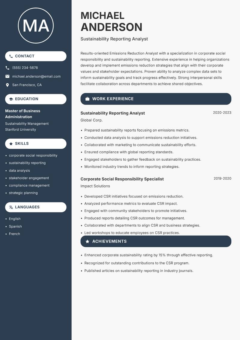 Emissions Reduction Analyst Resume Preview Example