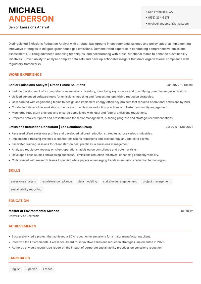 Emissions Reduction Analyst Resume Template
