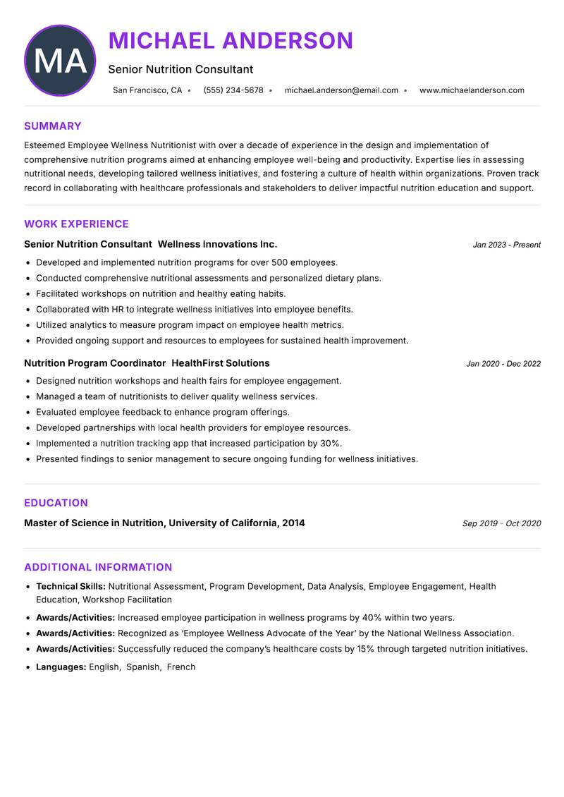 Employee Wellness Nutritionist Resume Preview Example