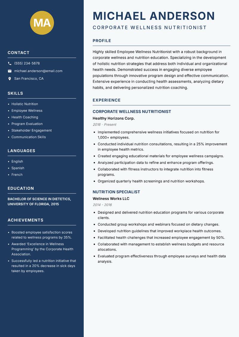 Employee Wellness Nutritionist Resume Preview Example