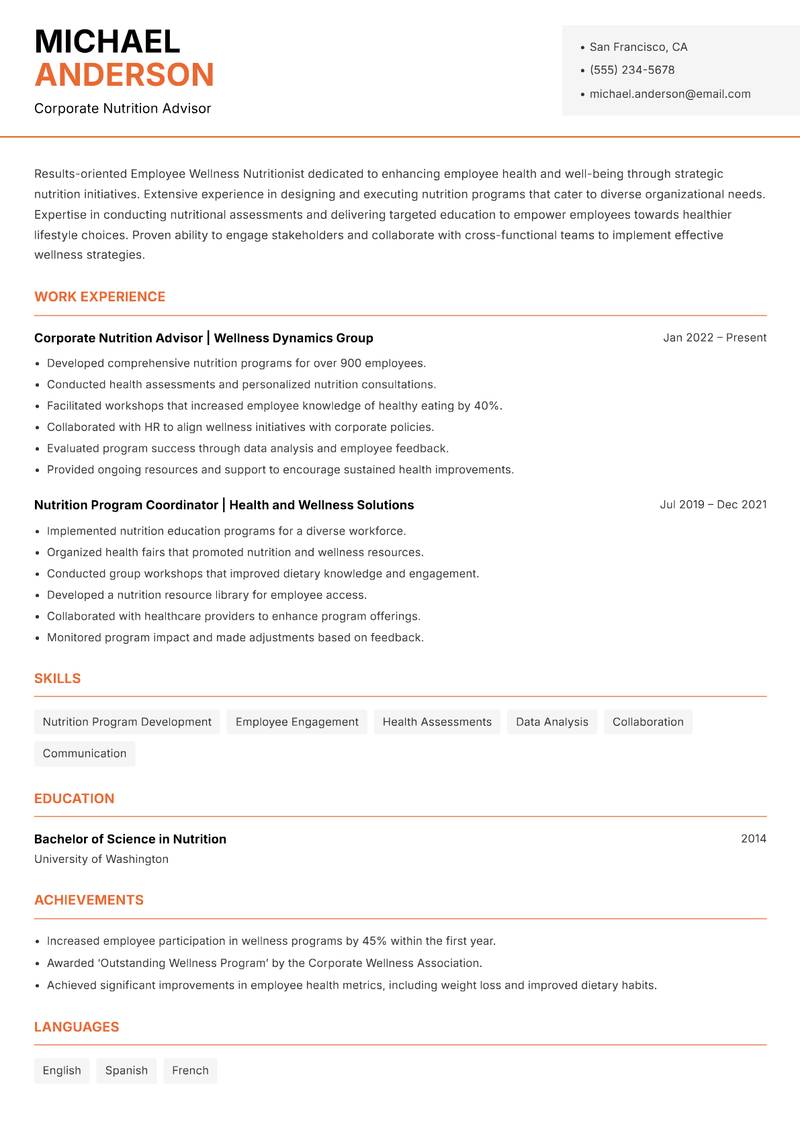 Employee Wellness Nutritionist Resume Template