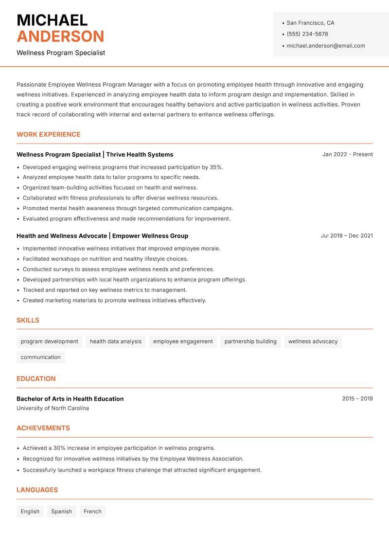 Employee Wellness Program Manager Resume Template