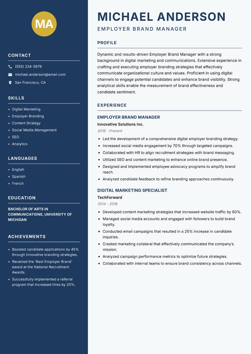 Employer Brand Manager Resume Preview Example
