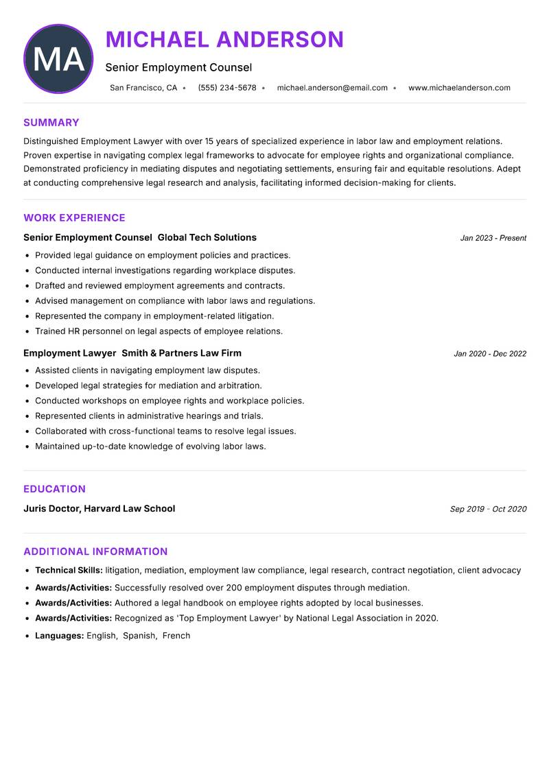Employment Lawyer Resume Preview Example