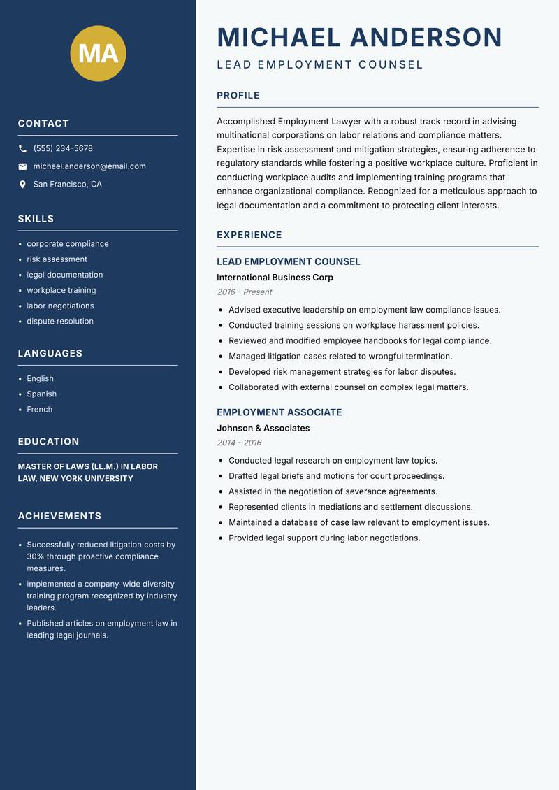 Employment Lawyer Resume Preview Example