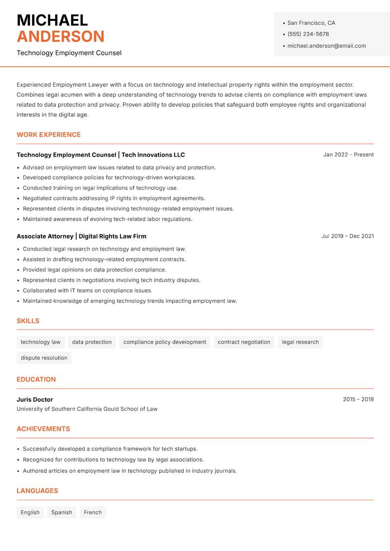 Employment Lawyer Resume Template