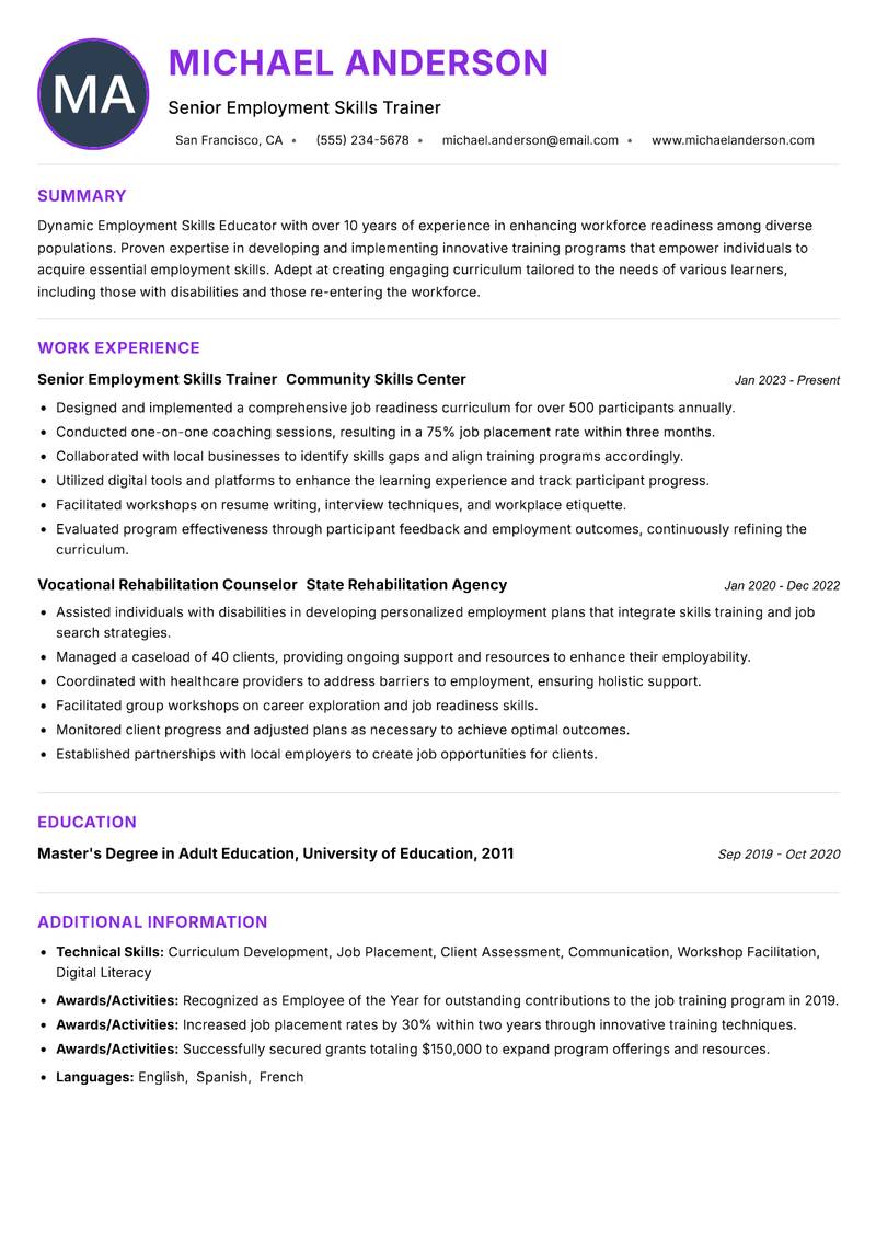 Employment Skills Educator Resume Preview Example