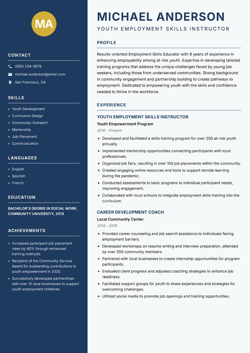 Employment Skills Educator Resume Preview Example