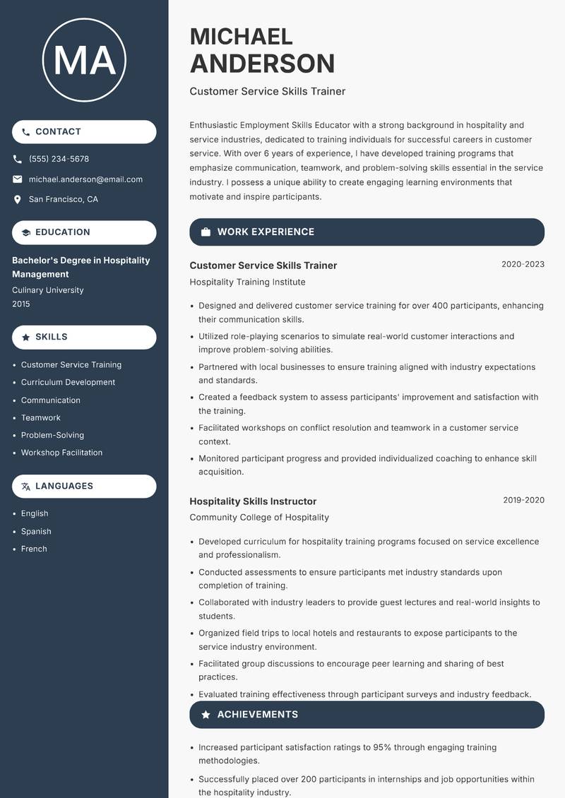 Employment Skills Educator Resume Preview Example