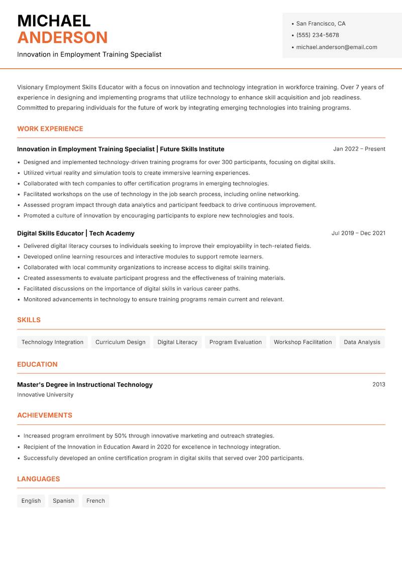 Employment Skills Educator Resume Template