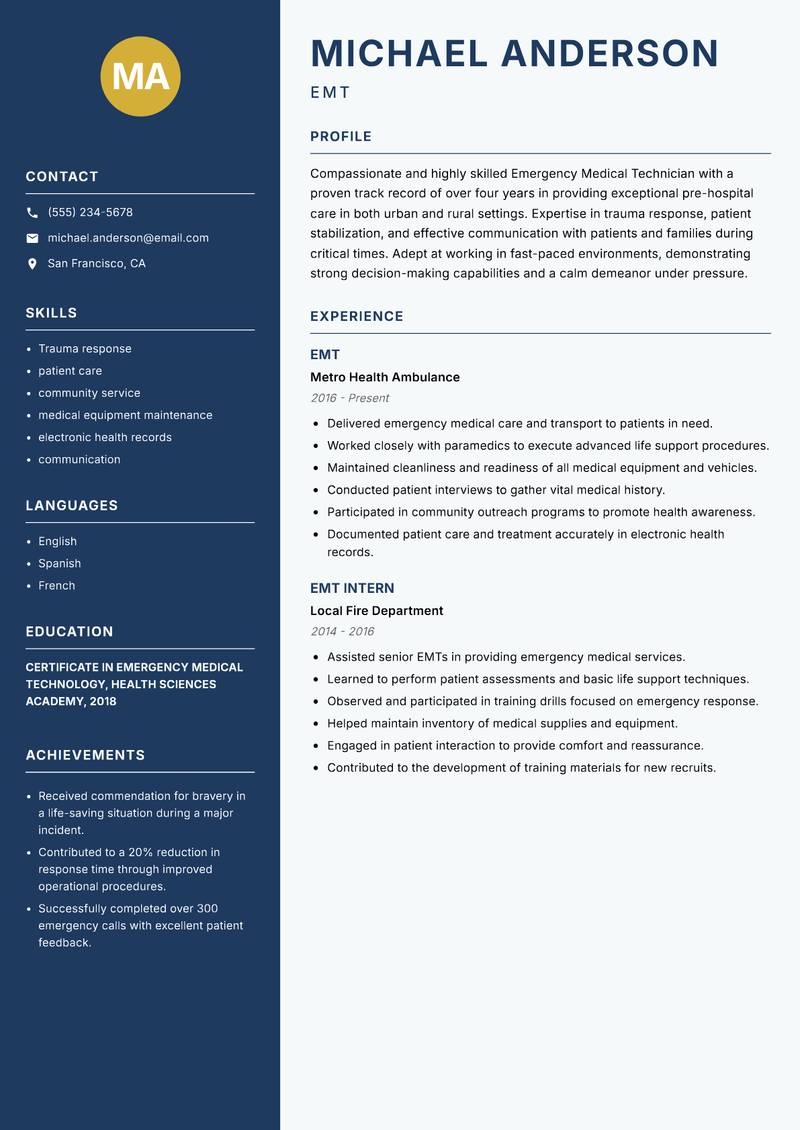 EMT Resume Preview Example