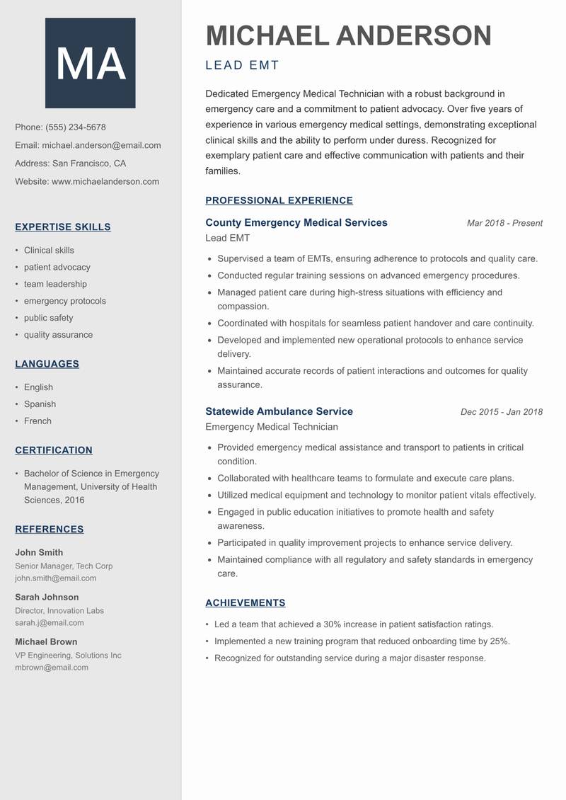 EMT Resume Preview Example