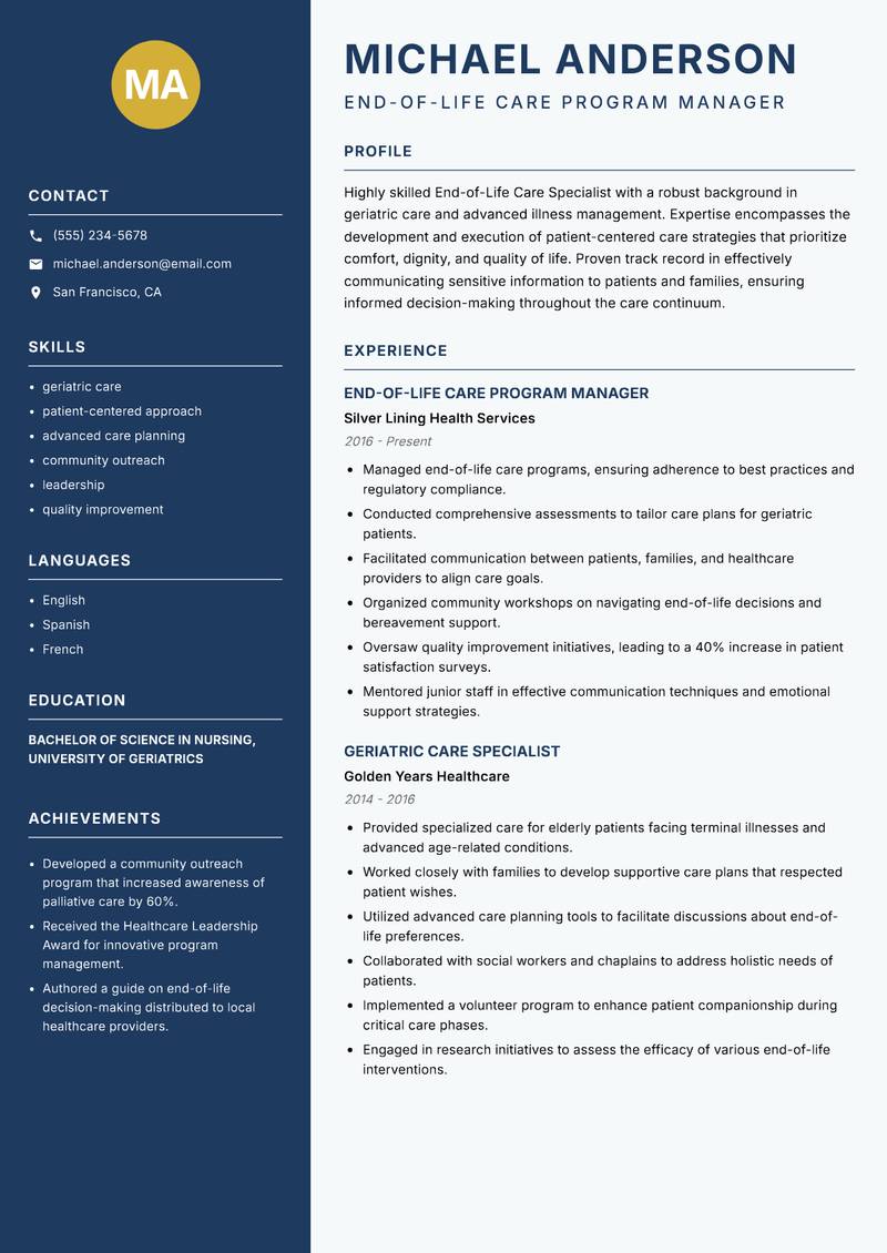 End-of-Life Care Specialist Resume Preview Example