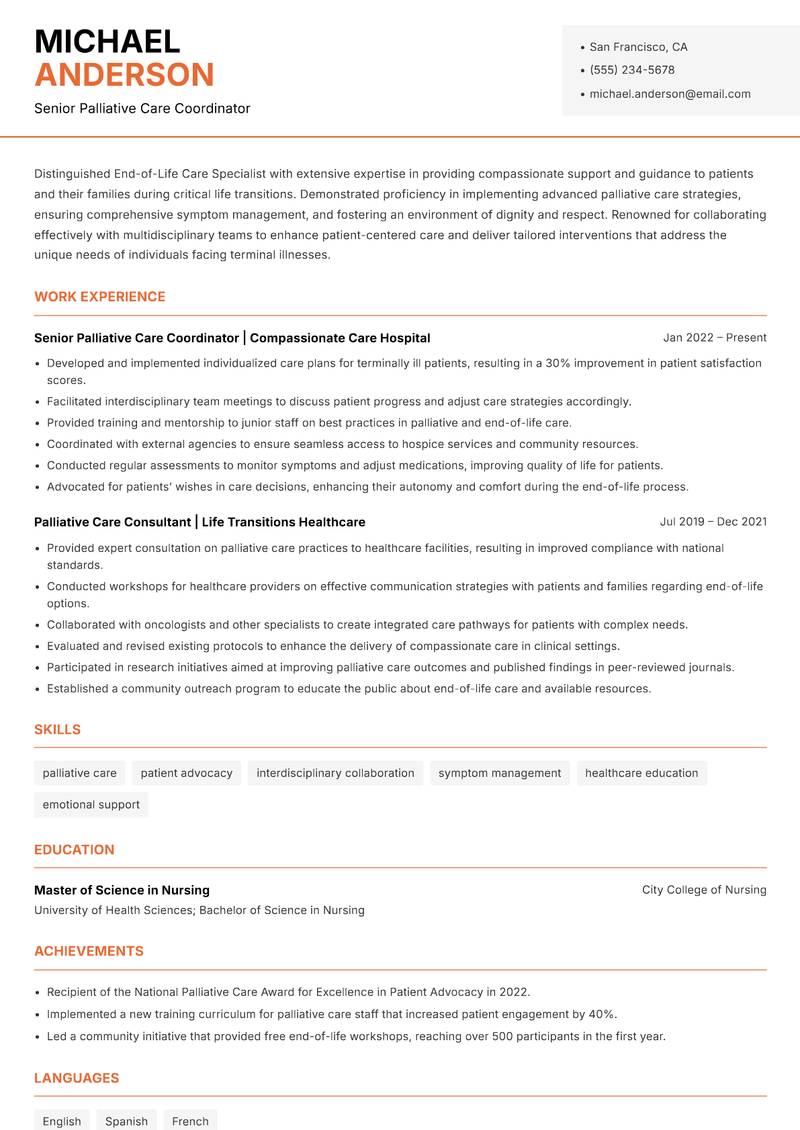 End-of-Life Care Specialist Resume Template