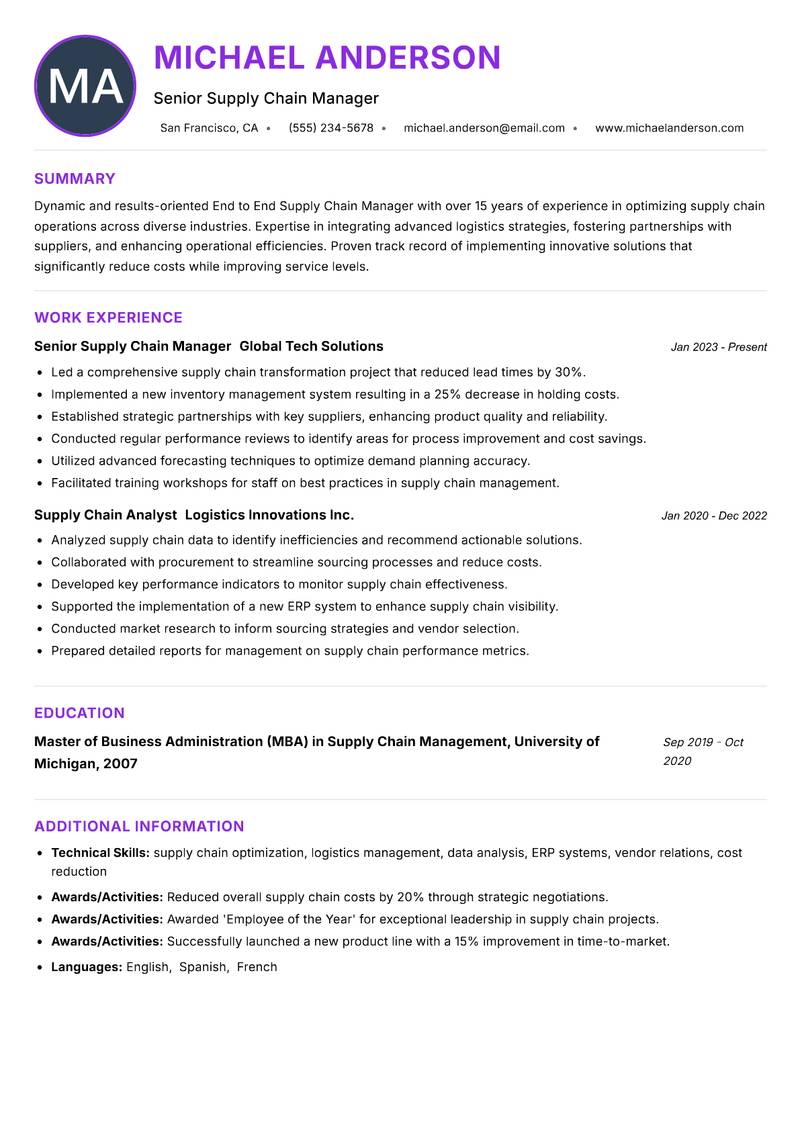 End to End Supply Chain Manager Resume Preview Example