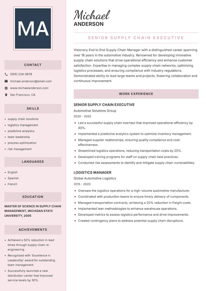 End to End Supply Chain Manager Resume Preview Example