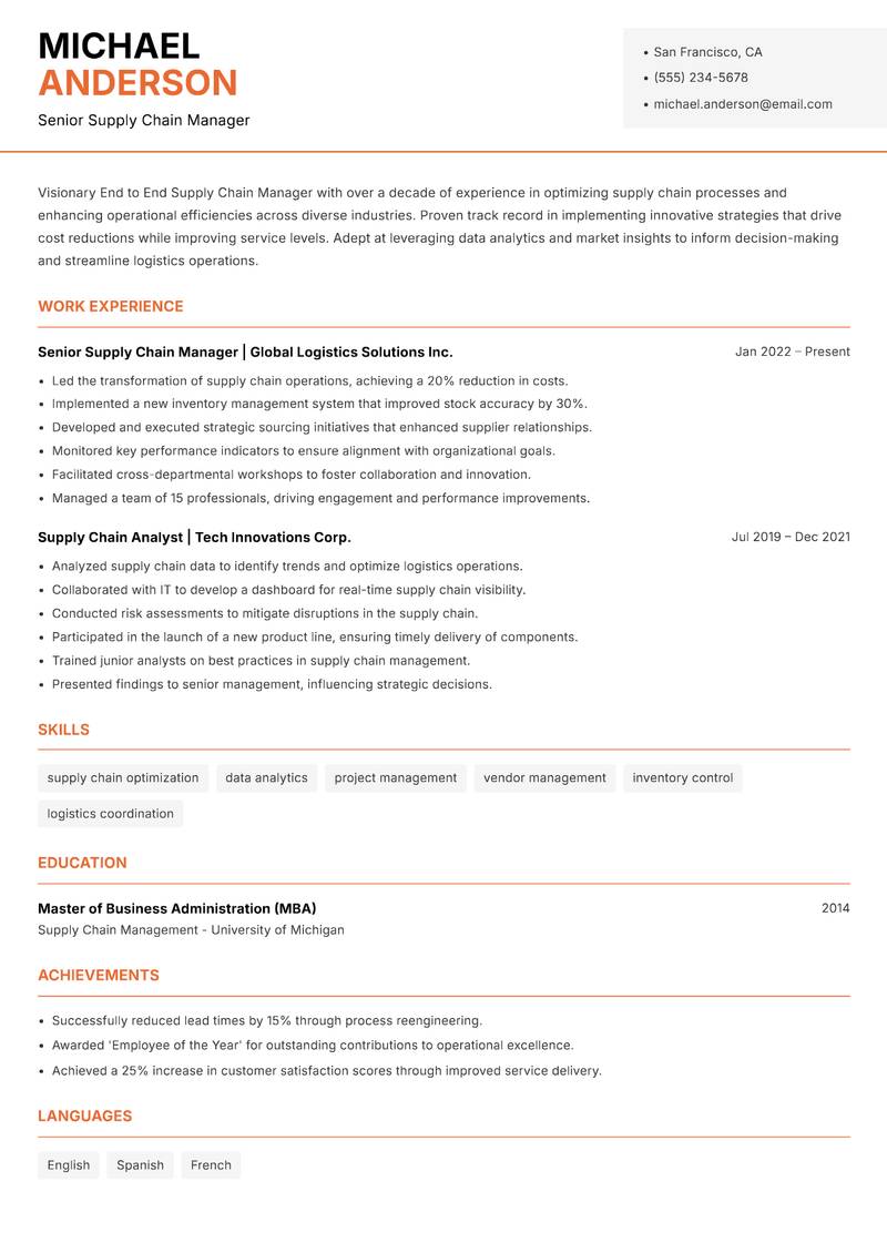 End to End Supply Chain Manager Resume Template