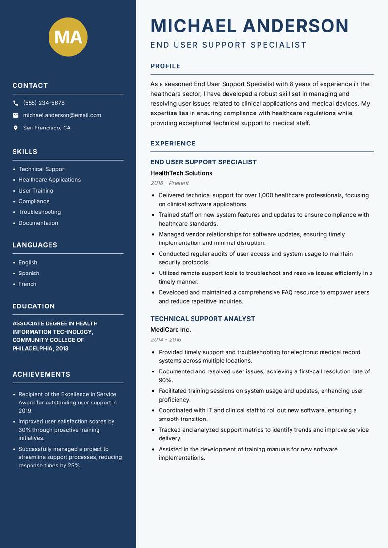 End User Support Specialist Resume Preview Example