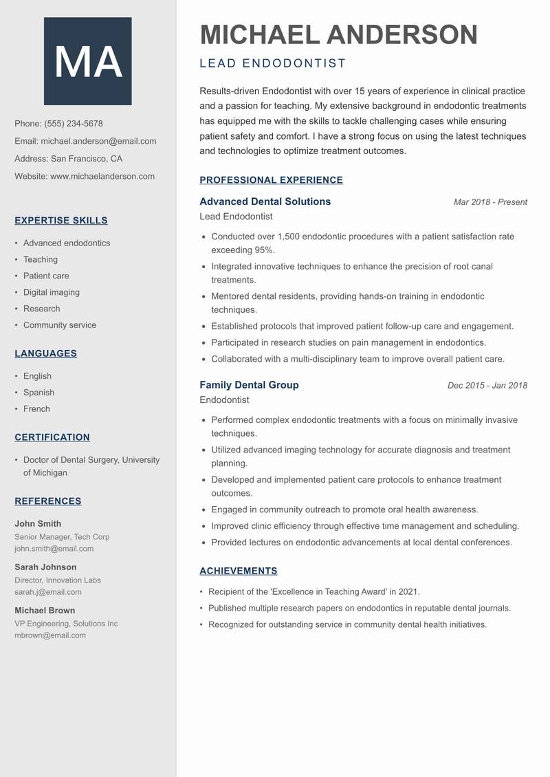 Endodontist Resume Preview Example
