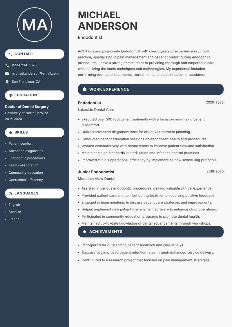Endodontist Resume Preview Example