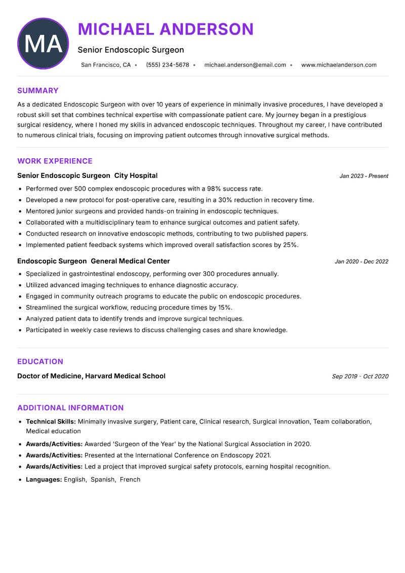 Endoscopic Surgeon Resume Preview Example