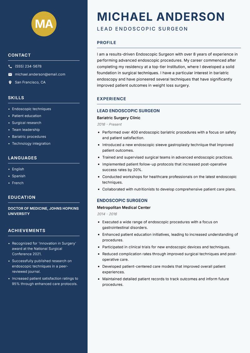 Endoscopic Surgeon Resume Preview Example
