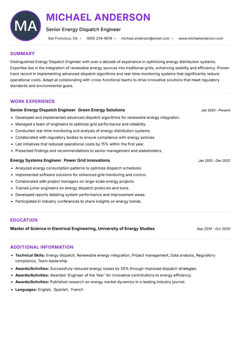 Energy Dispatch Engineer Resume Preview Example