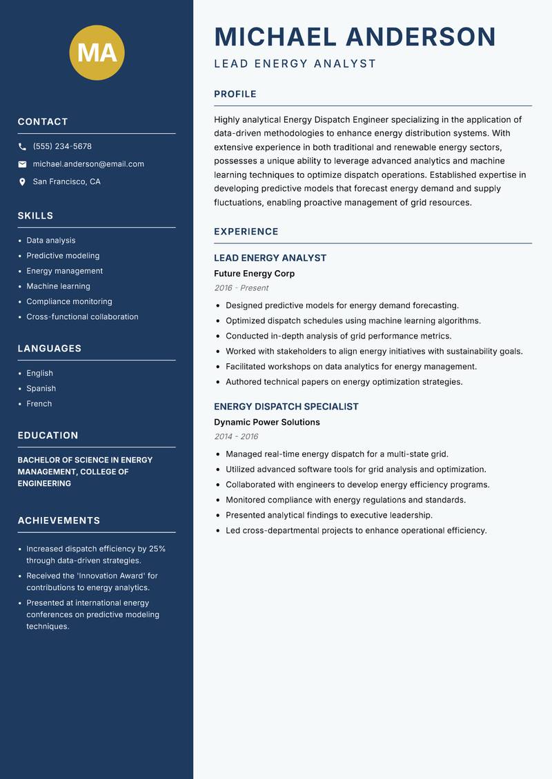 Energy Dispatch Engineer Resume Preview Example