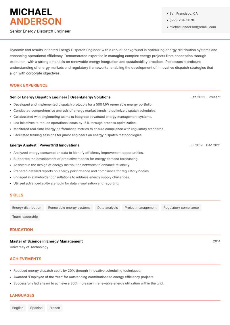 Energy Dispatch Engineer Resume Template