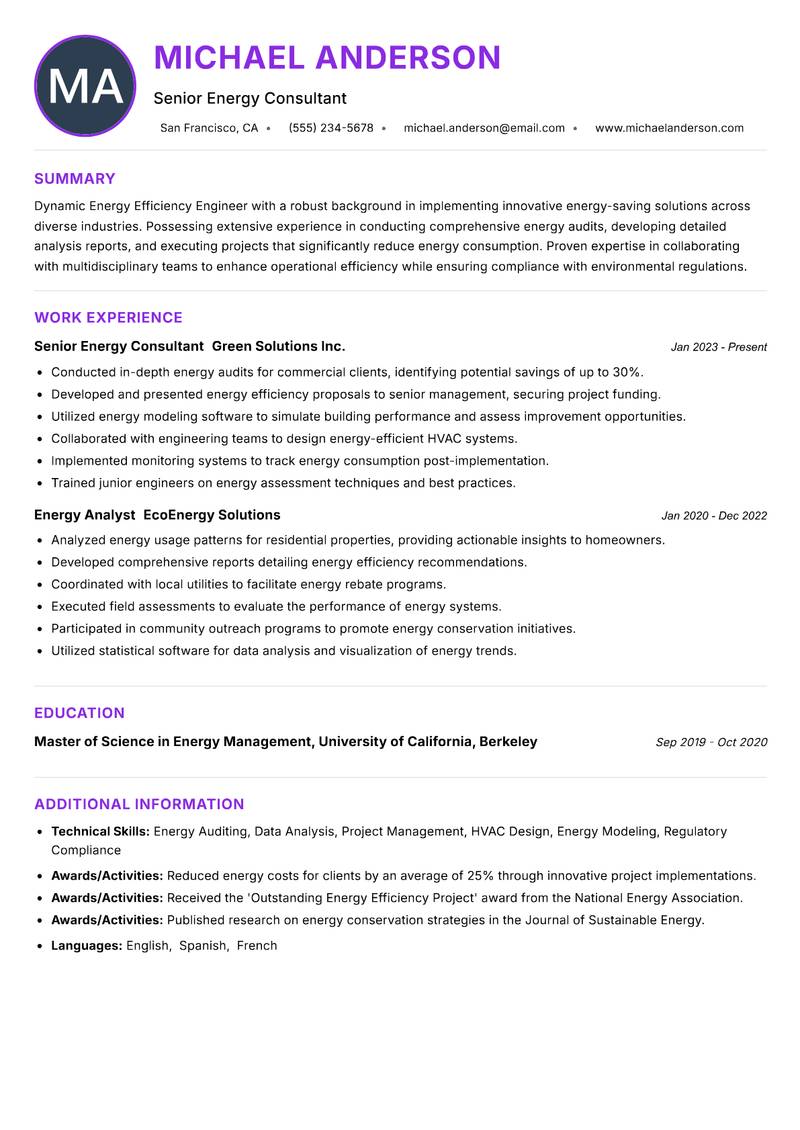 Energy Efficiency Engineer Resume Preview Example
