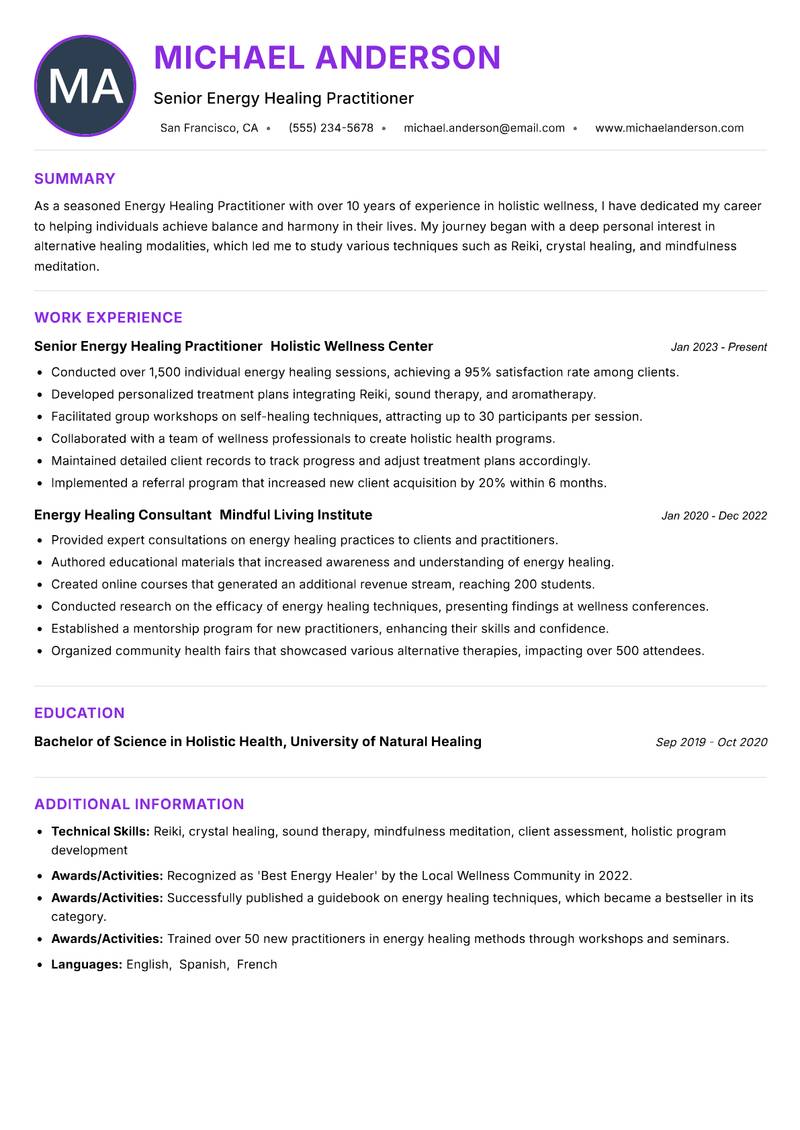 Energy Healing Practitioner Resume Preview Example