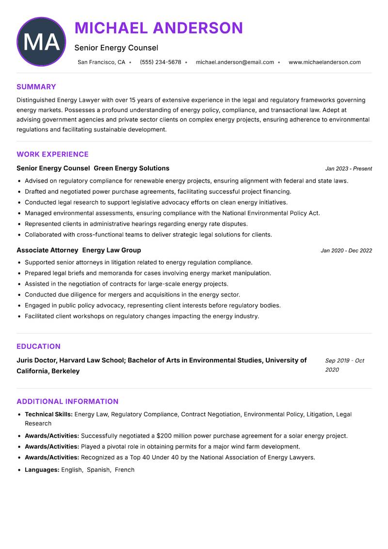 Energy Lawyer Resume Preview Example
