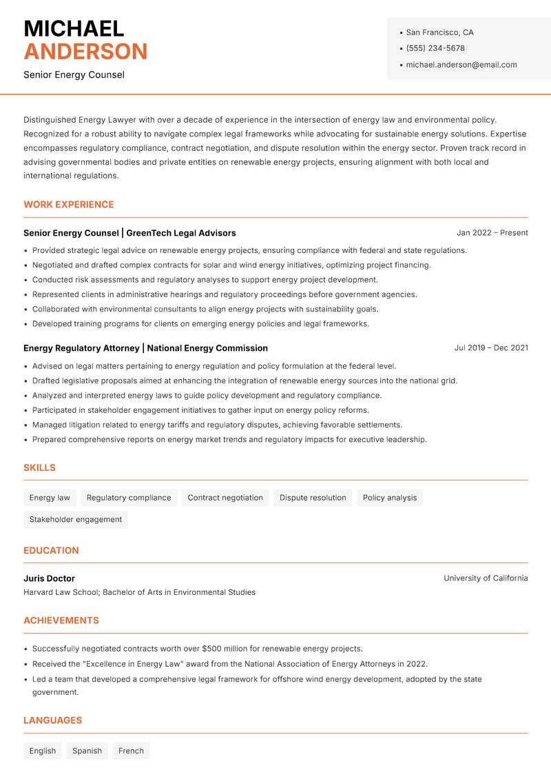 Energy Lawyer Resume Template