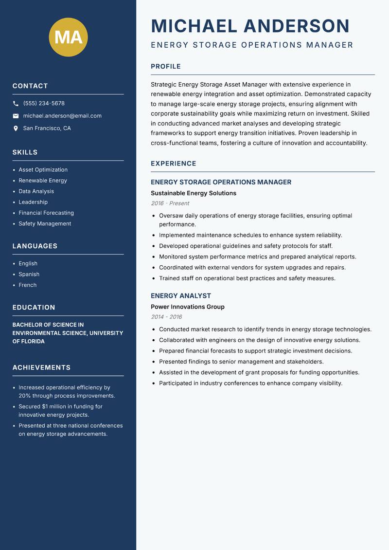 Energy Storage Asset Manager Resume Preview Example