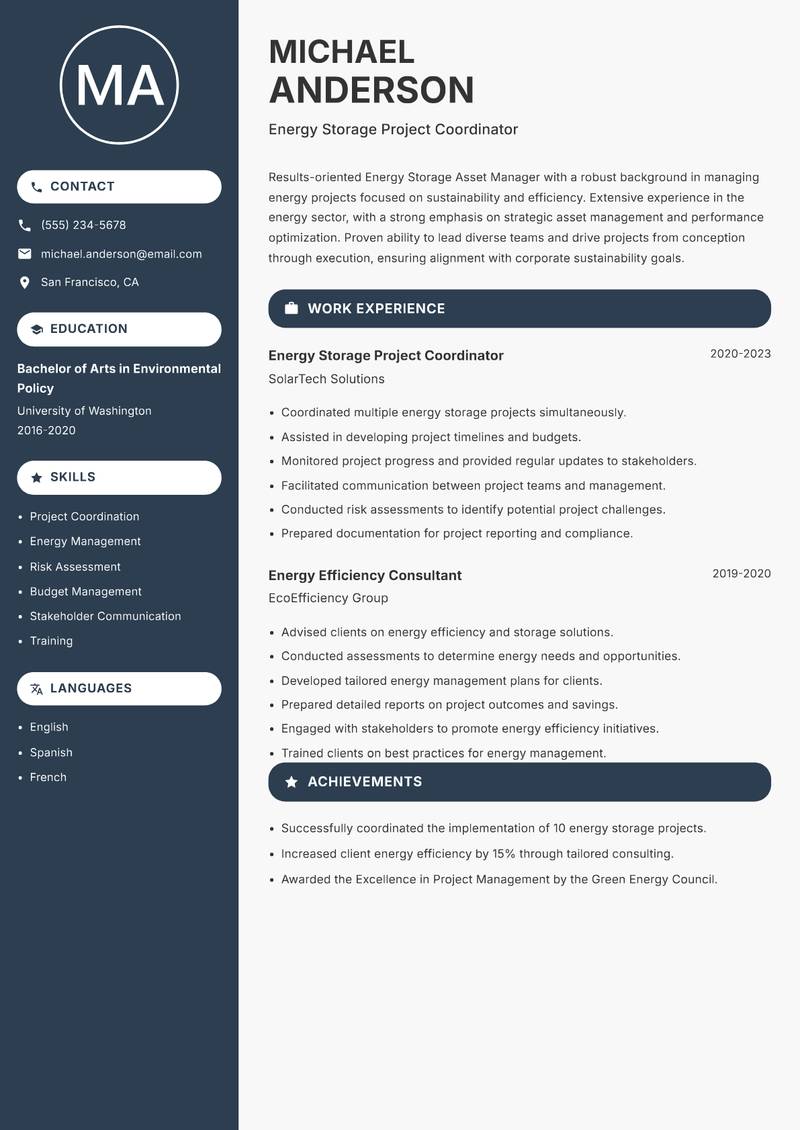 Energy Storage Asset Manager Resume Preview Example