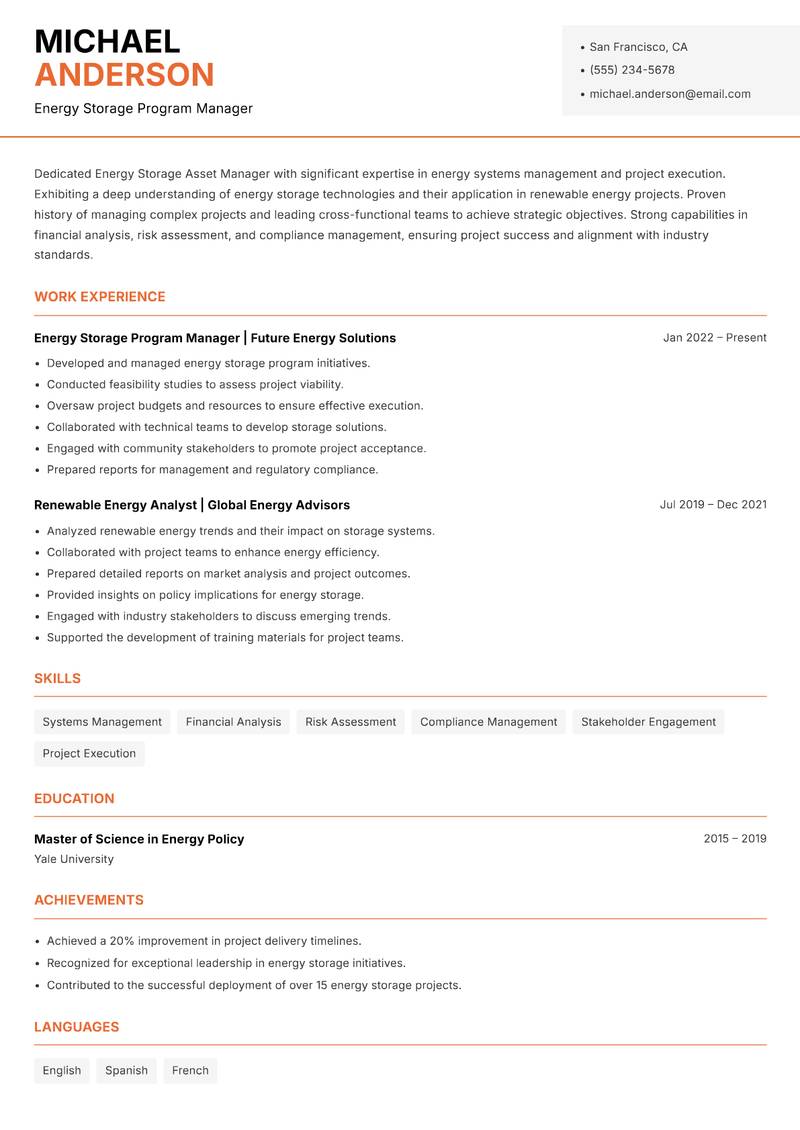 Energy Storage Asset Manager Resume Template