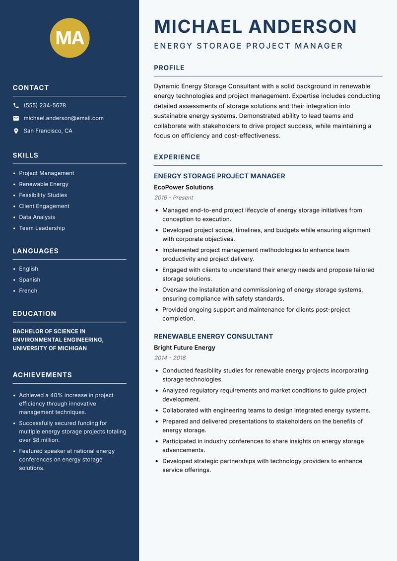 Energy Storage Consultant Resume Preview Example