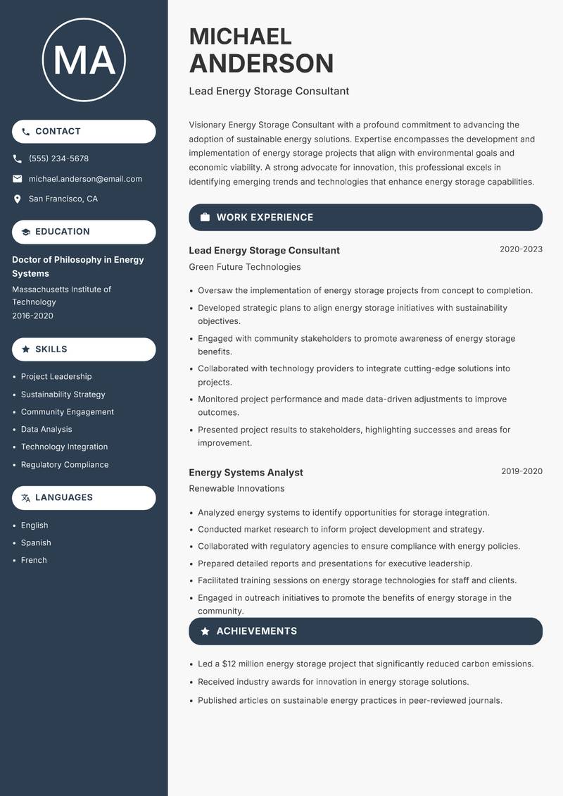 Energy Storage Consultant Resume Preview Example