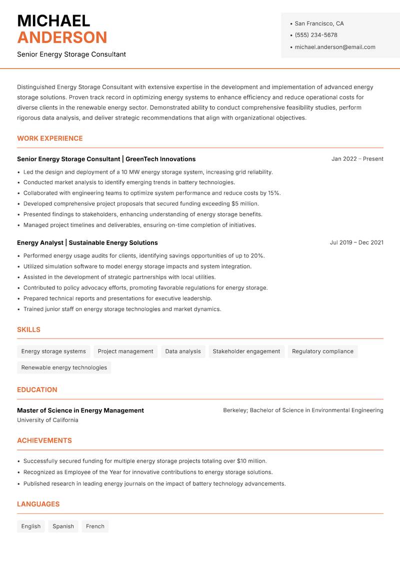 Energy Storage Consultant Resume Template
