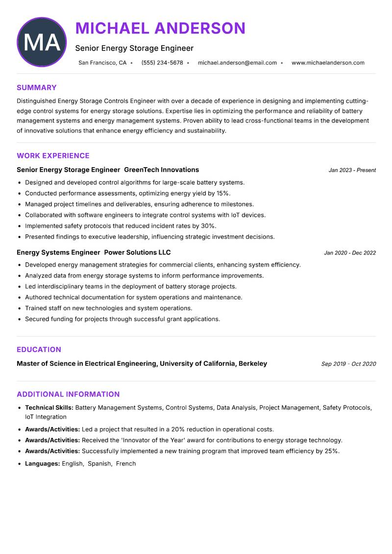 Energy Storage Controls Engineer Resume Preview Example