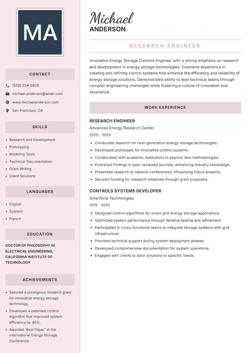 Energy Storage Controls Engineer Resume Preview Example