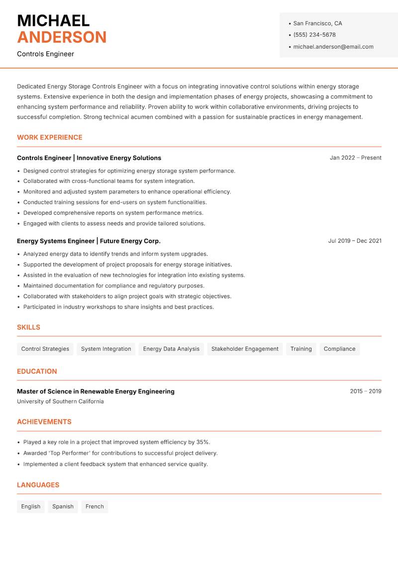 Energy Storage Controls Engineer Resume Template