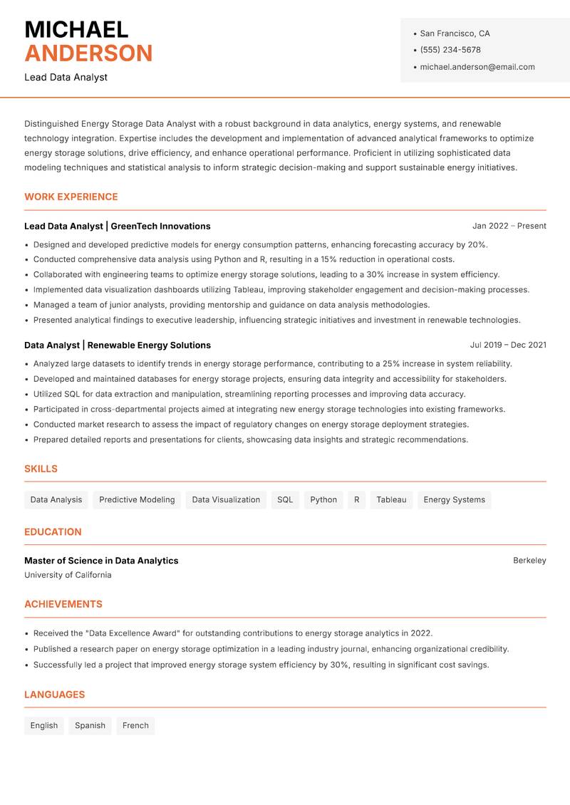 Energy Storage Data Analyst Resume Template