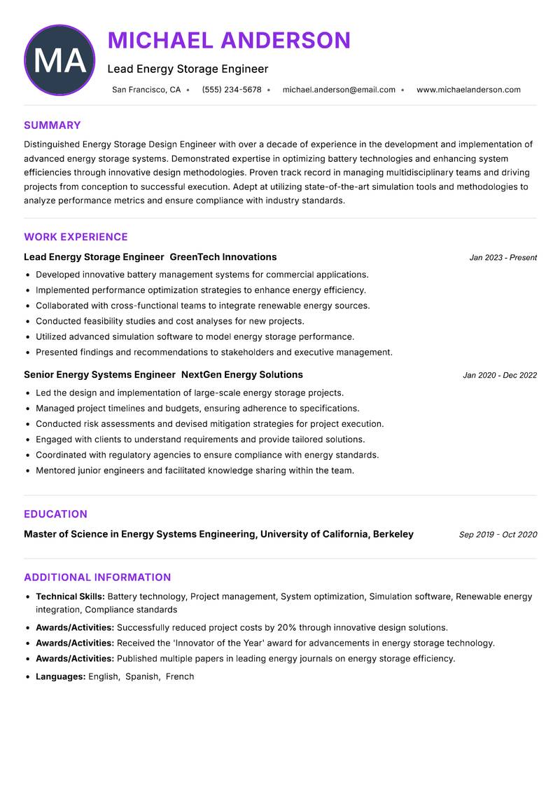 Energy Storage Design Engineer Resume Preview Example